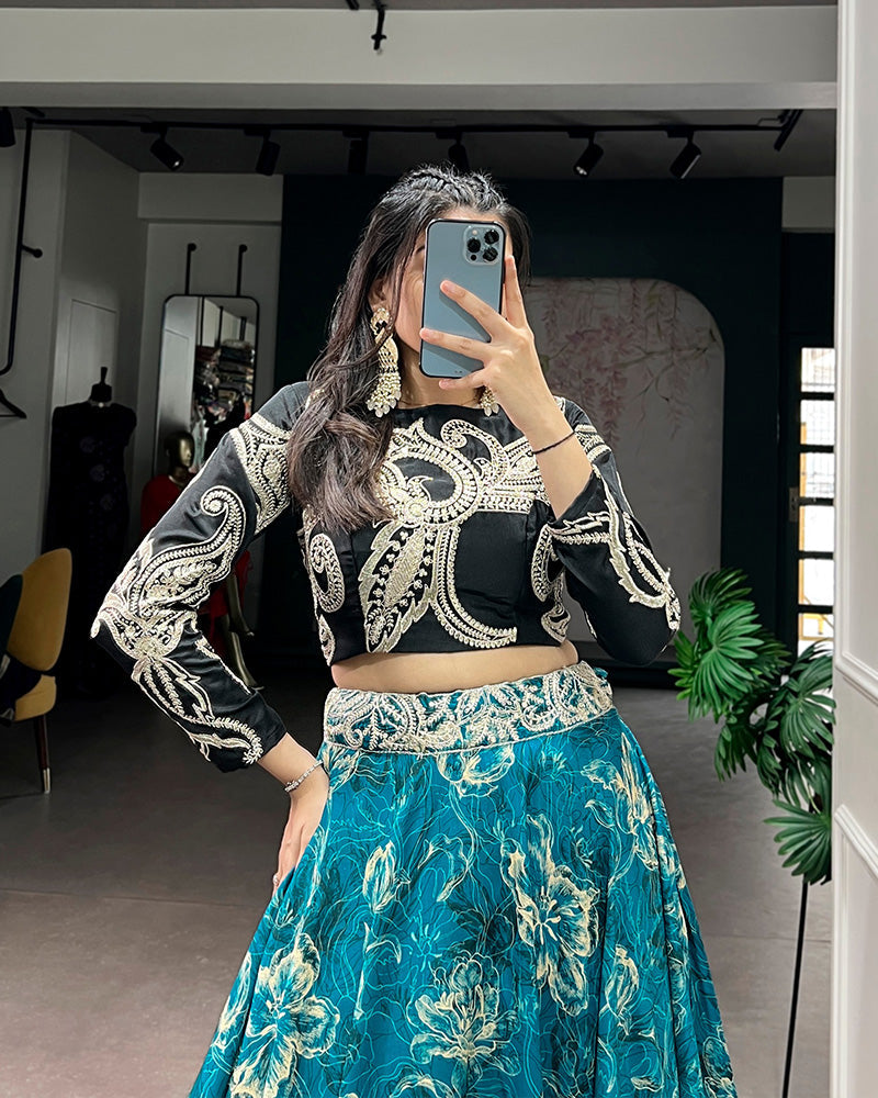 Blue Color Tasar Silk Printed Embroidered Lehenga Choli