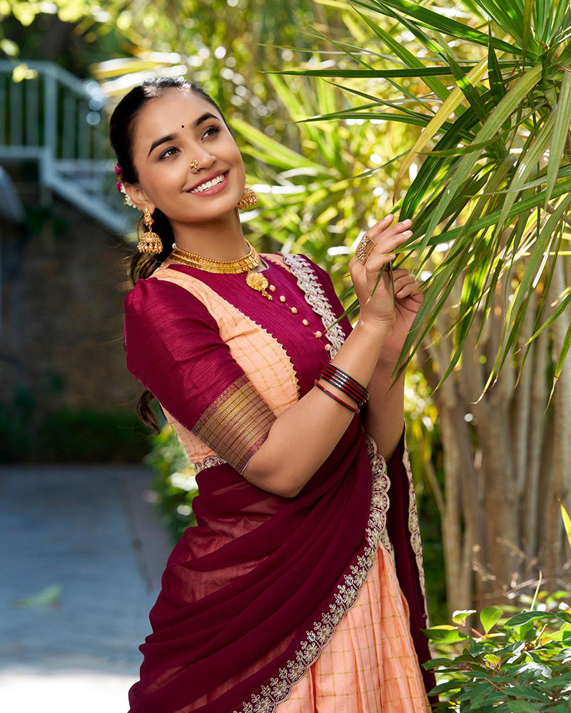 Designer Peach Color Zari Chex Lehenga Choli