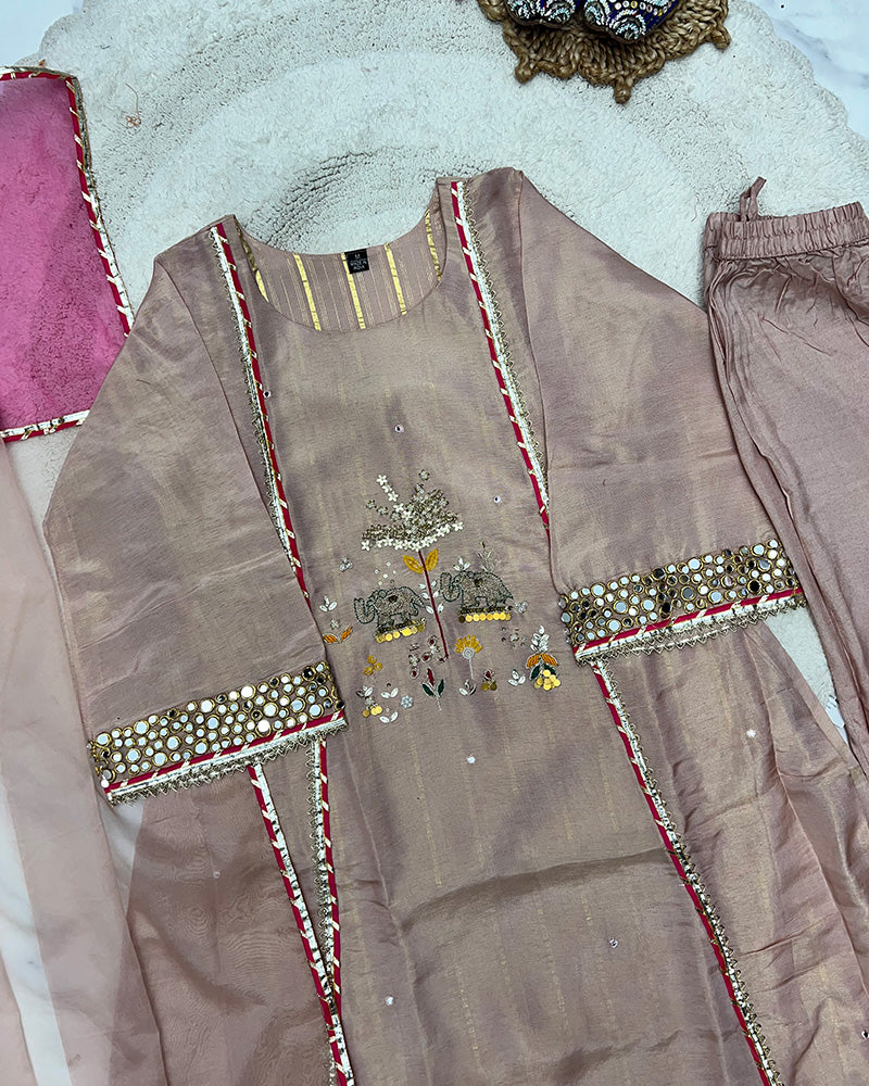 Pink Color Shimmer Silk Three Piece Kurti Suit