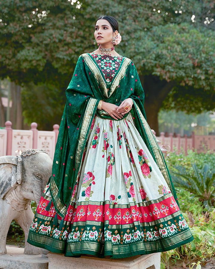 Green Color Tussar Silk Floral And Patola Print Lehenga Choli