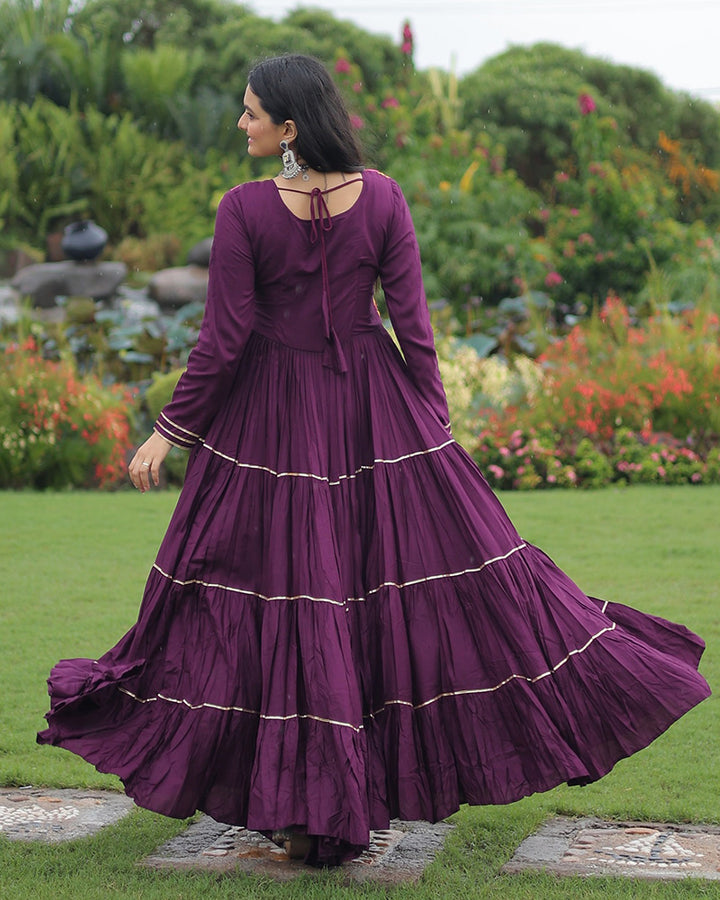Designer Wine Flared Navratri Gown With Mirror Work Yoke