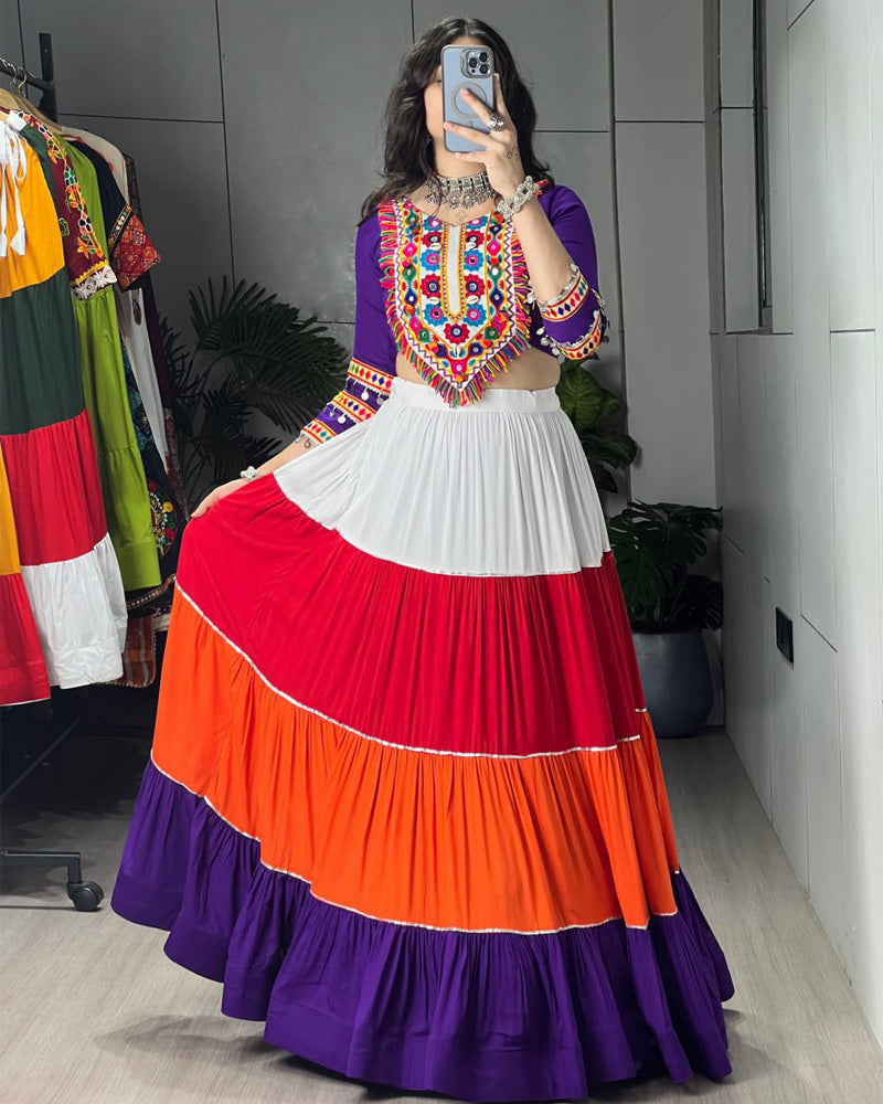 Vibrant Purple Multicolor Mirror Work Navratri Lehenga Choli