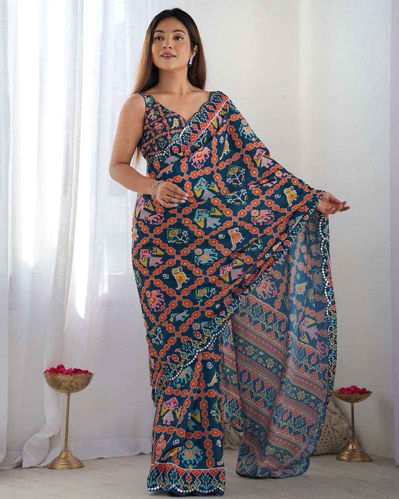Rama Color Chinnon Silk Printed Saree