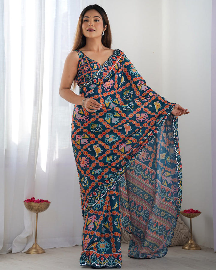 Rama Color Chinnon Silk Printed Saree