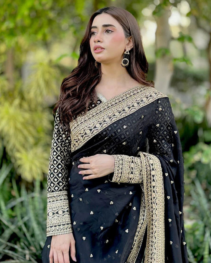 Black Color Tebby Silk Embroidered Saree