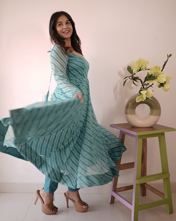 Firozi Color Tabby Organza Three Piece Anarkali Suit