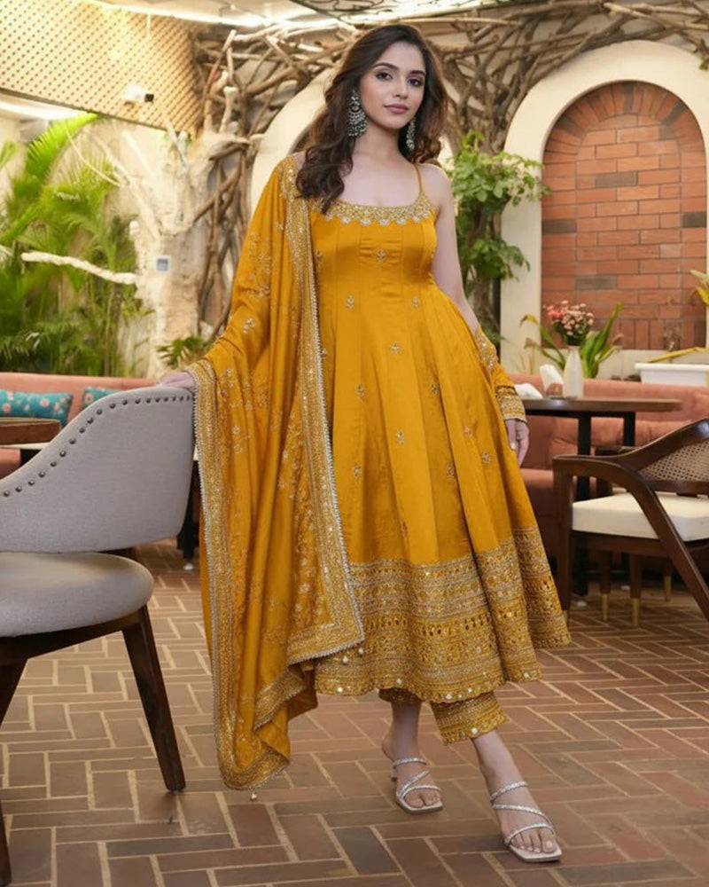 Yellow Color Vichitra Silk Embroidered Anarkali Suit