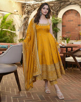Yellow Color Vichitra Silk Embroidered Anarkali Suit