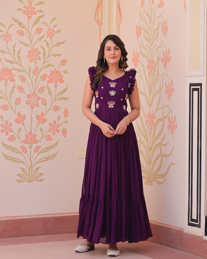 Designer Wine Color Faux Blooming Embroidered work Gown