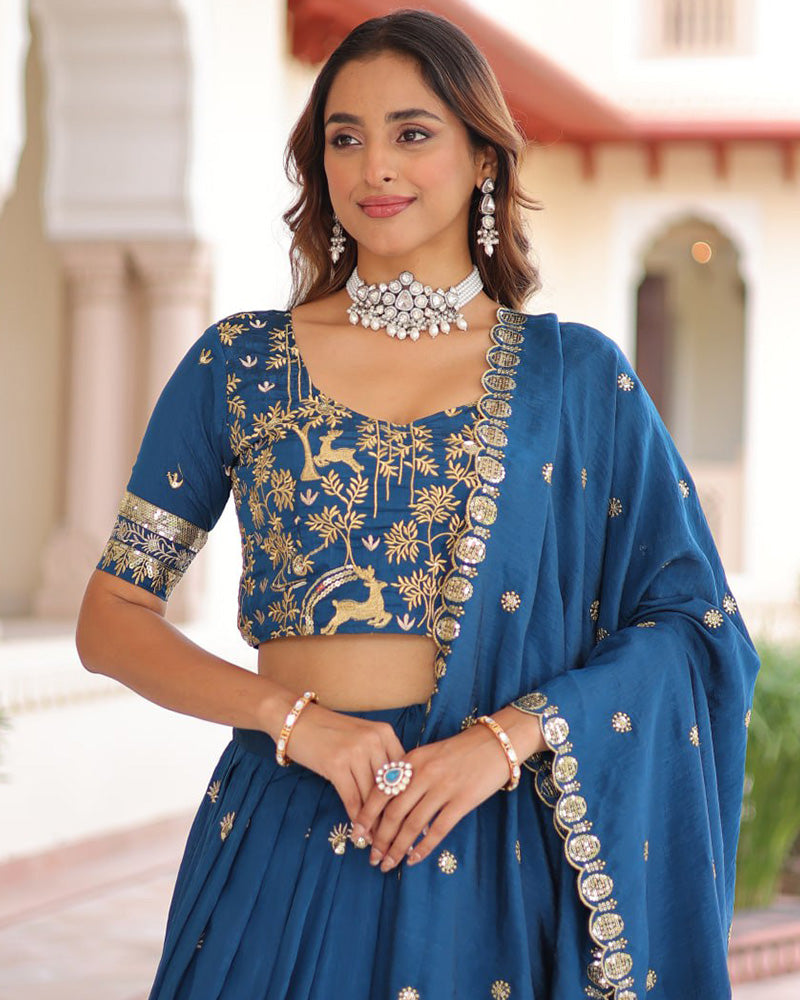 Peacock Blue Color Vichitra Silk Sequence Embroidered Lehenga Choli