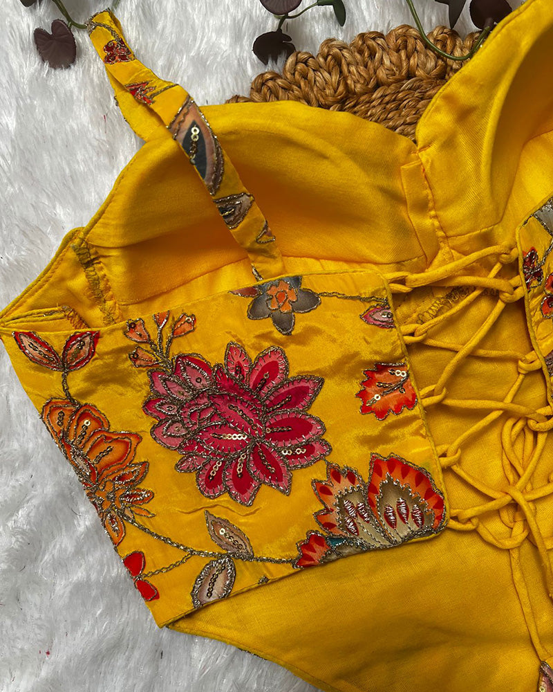 Yellow Color Rumali Silk Embroidered Spaghetti Blouse