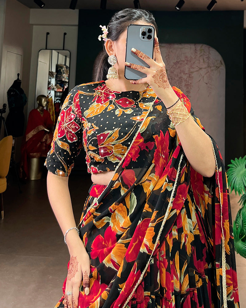 Black Color Marble Floral Printed Lehenga Choli