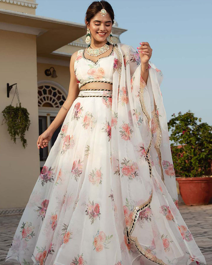 White Color Organza Floral Lehenga Choli