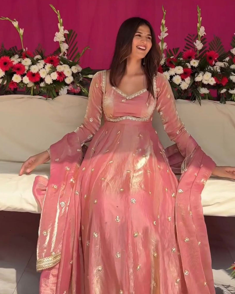 Peach Color Fendi Silk Thread Embroidered Anarkali Suit