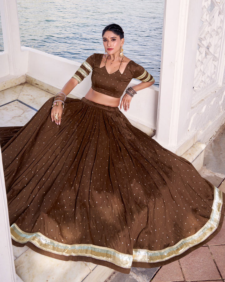 Elegant Brown Color Pure Chanderi Full Stithched Lehenga Choli