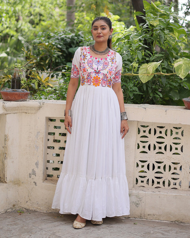 Navratri Wear White Rayon Gamthi Work Gown
