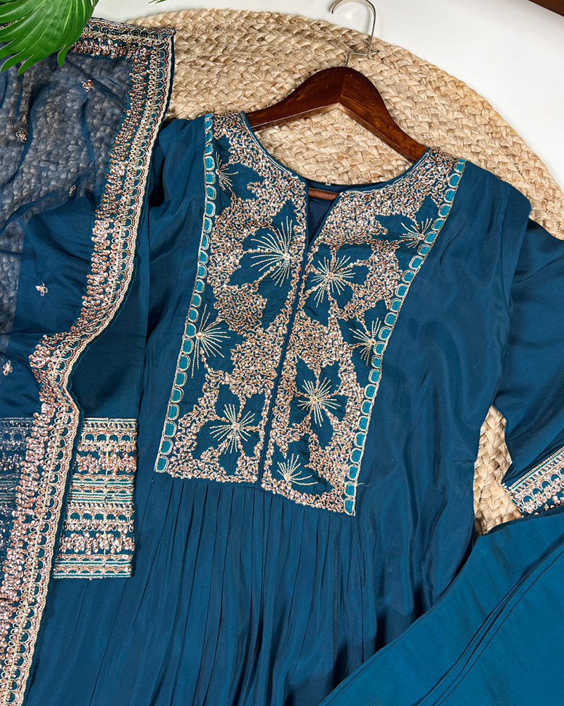 Teal Green Color Roman Silk Three Piece Kurti Suit