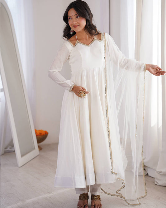 White Color Chanderi Roman Silk Three Piece Anarkali Suit