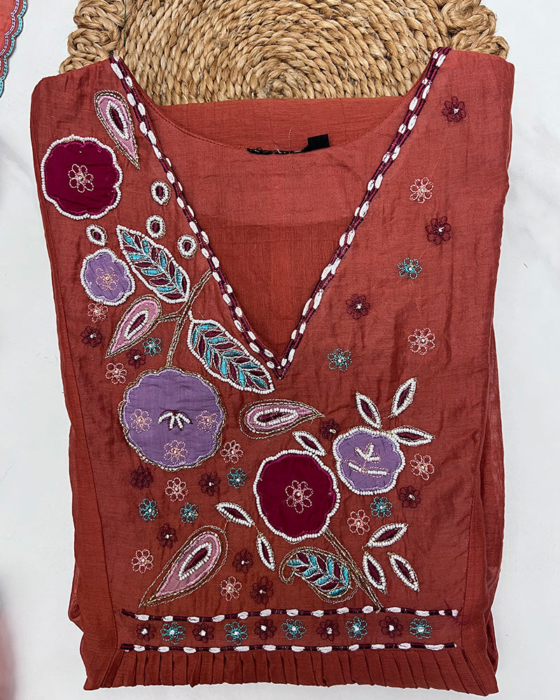 Rust Orange Color Mal Cotton Three Piece Kurti Suit