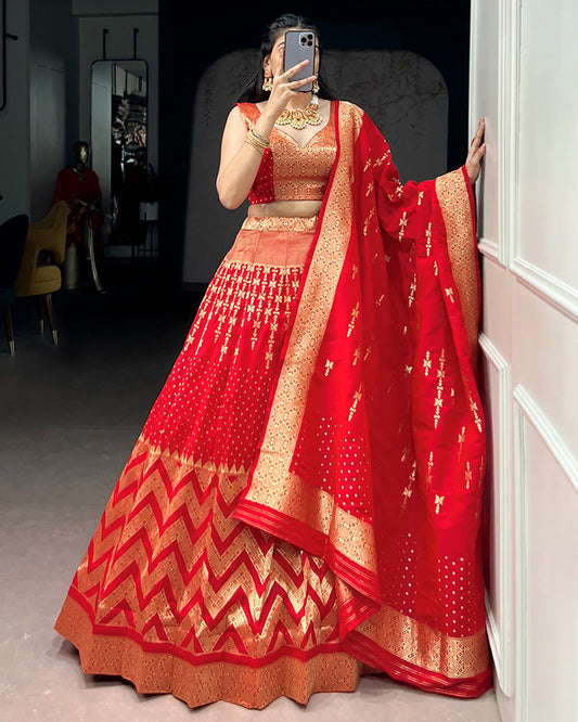 Red Color Banarasi Silk Zari Weaving Lehenga Choli