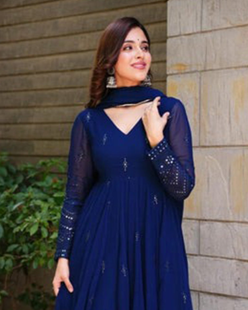 Royal Blue Color Pure Georgette Embroidered Gown