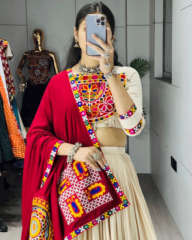 Beige And Maroon Color Pure Rayon Cotton Navratri Lehenga Choli