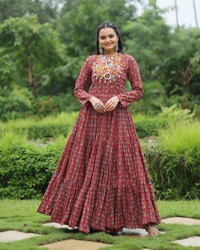 Navratri Special Maroon Color Cotton Gamthi Work Gown