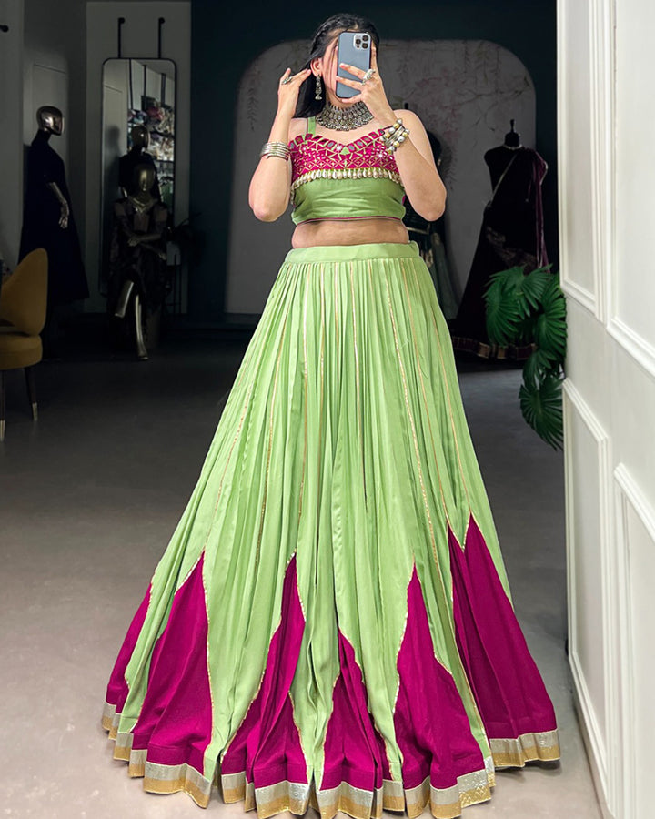 Parrot Green & Magenta Color Pure Rayon Mirror Work Navratri Lehenga Choli