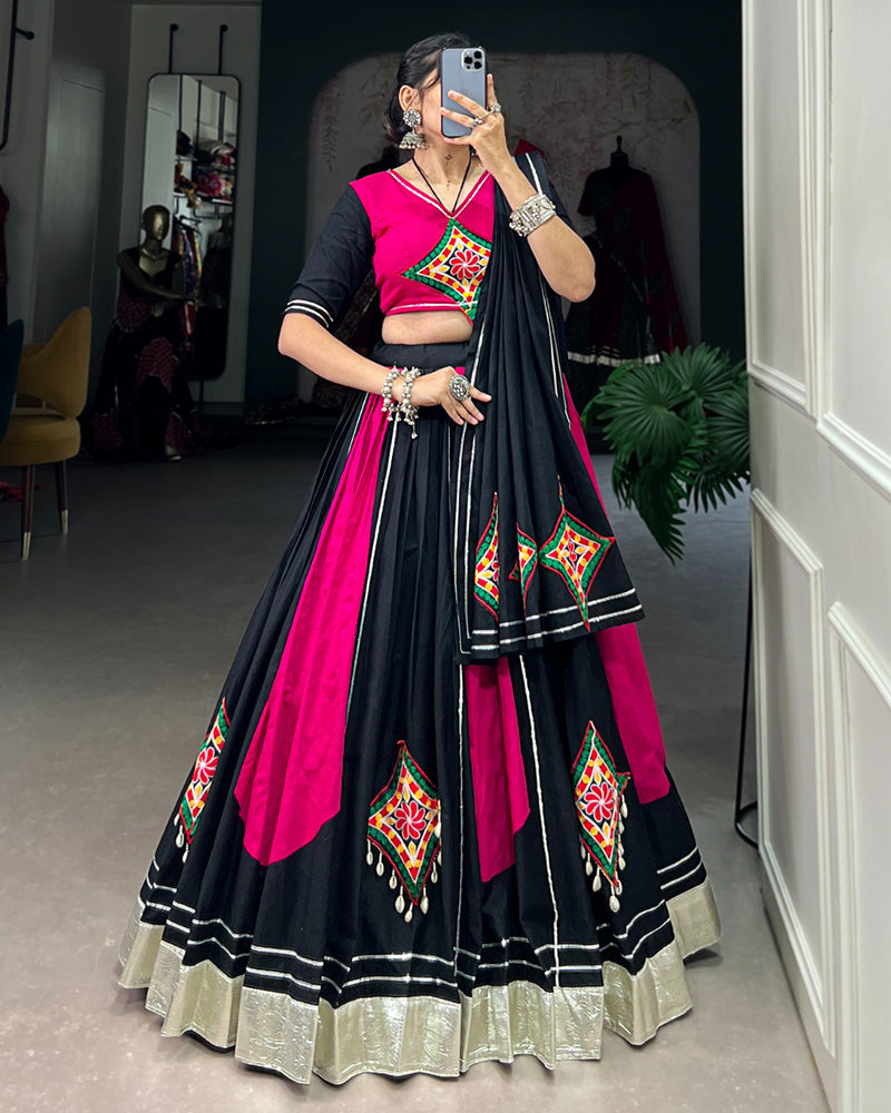 Pink And Black Color Cotton Gamthi Navratri Lehenga Choli