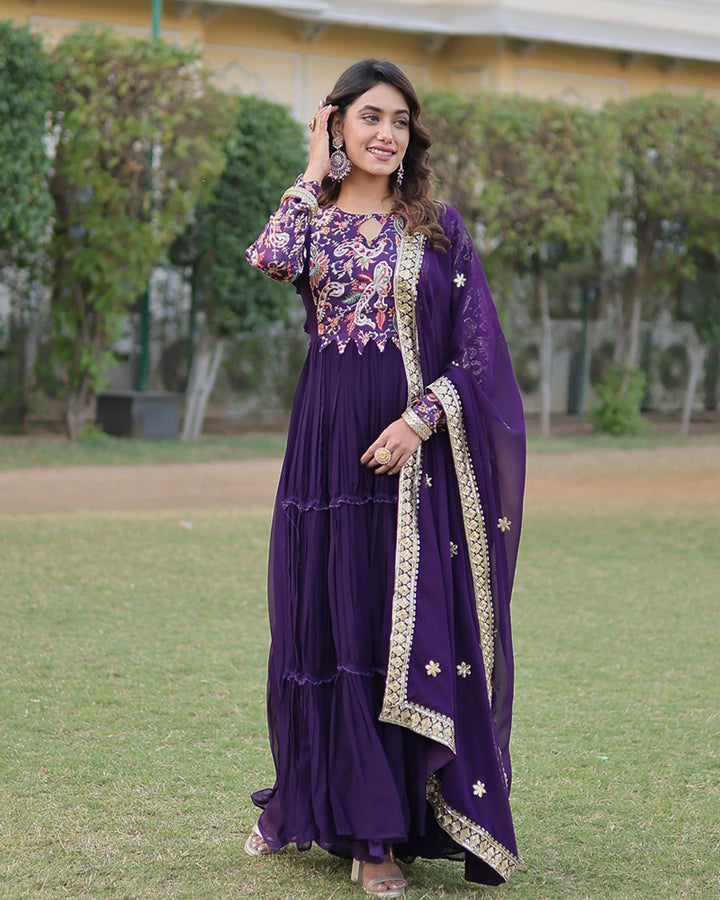 Designer Purple Color Georgette Frill Anarkali Gown With Dupatta