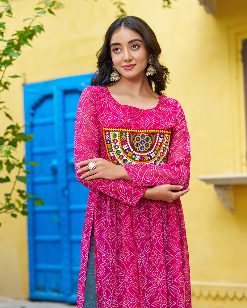 Elegant Pink Georgette Bandhani Print Kurti