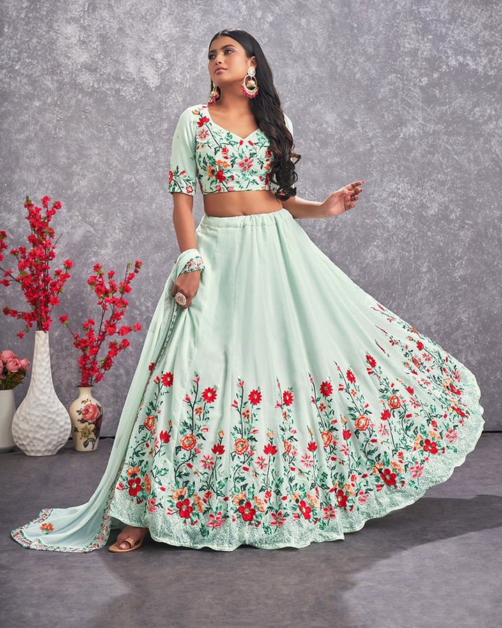 Sea Green Color Thread And Embroidered Georgette Lehenga Choli