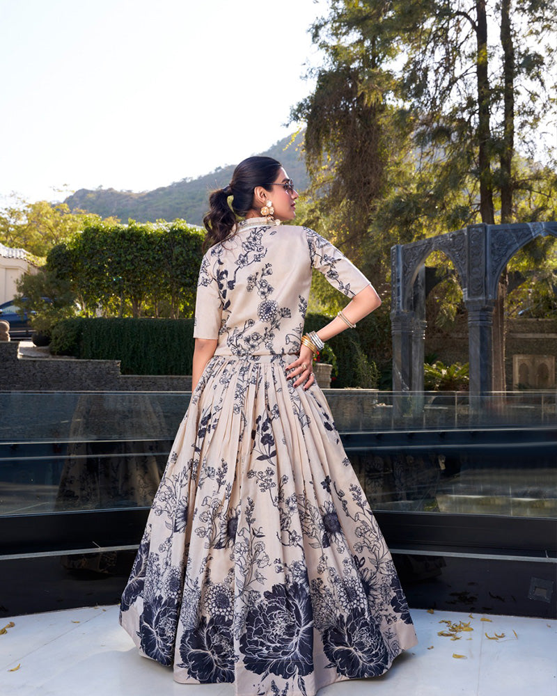 Designer Cream Color Tussar Silk Lehenga Choli With koti