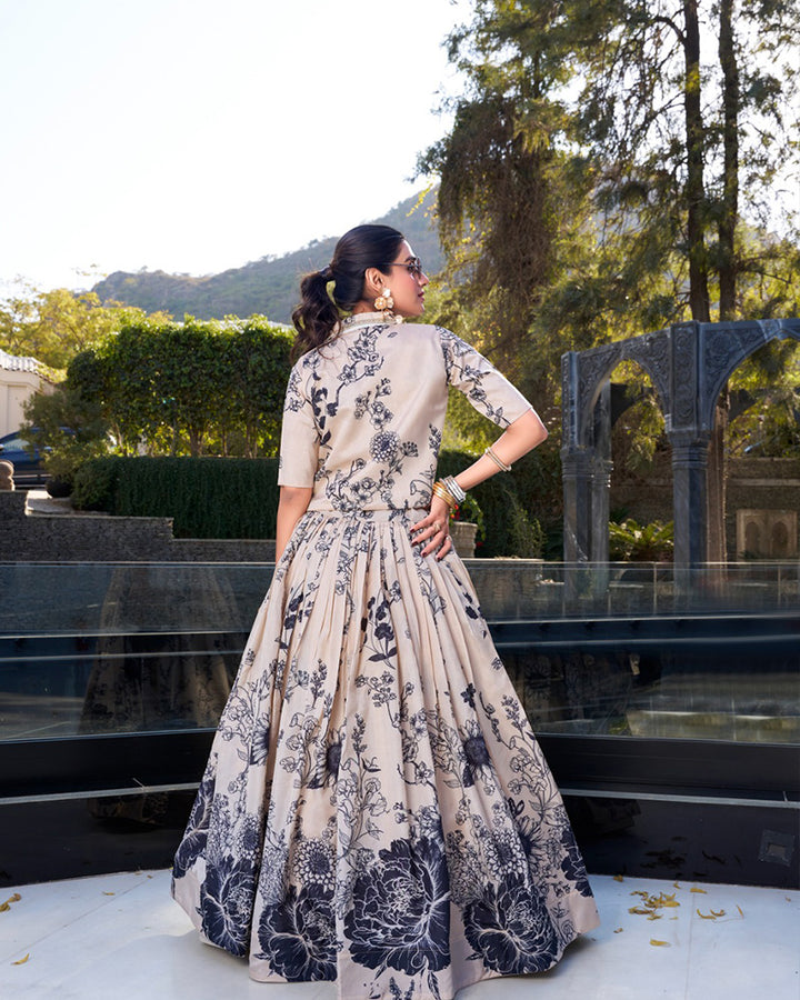 Designer Cream Color Tussar Silk Lehenga Choli With koti