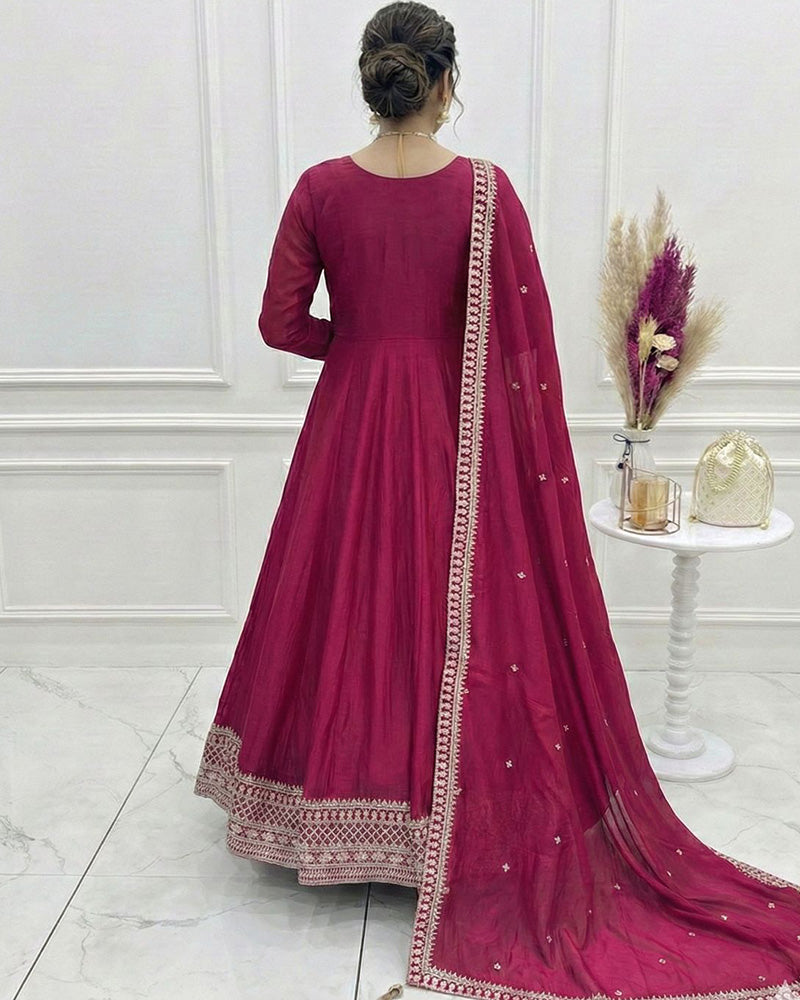 Dark Pink Vichitra Silk Sequence Embroidered Gown
