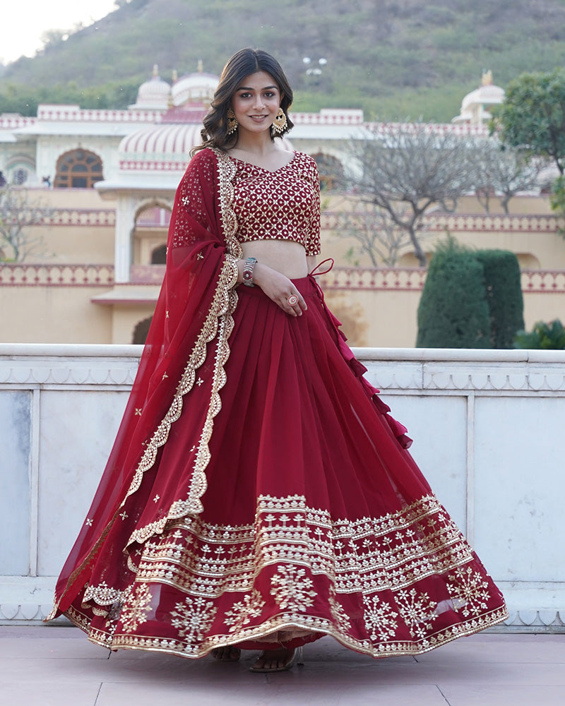 New Design Maroon Color Georgette Lehenga Choli With Beautiful Dupatta