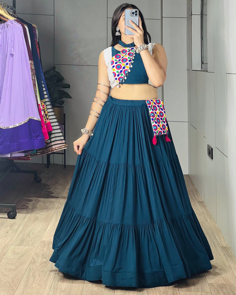 Traditional Rama Color Frilled Style Navratri Lehenga