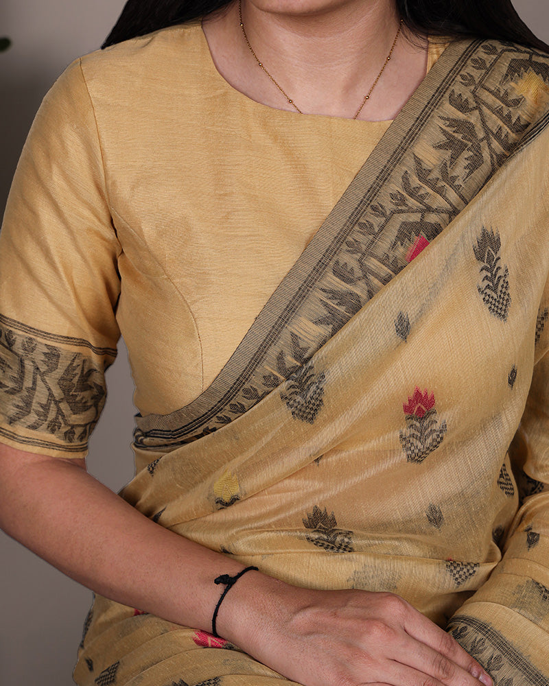 Yellow Color Thread Weaving Poly Cotton Saree