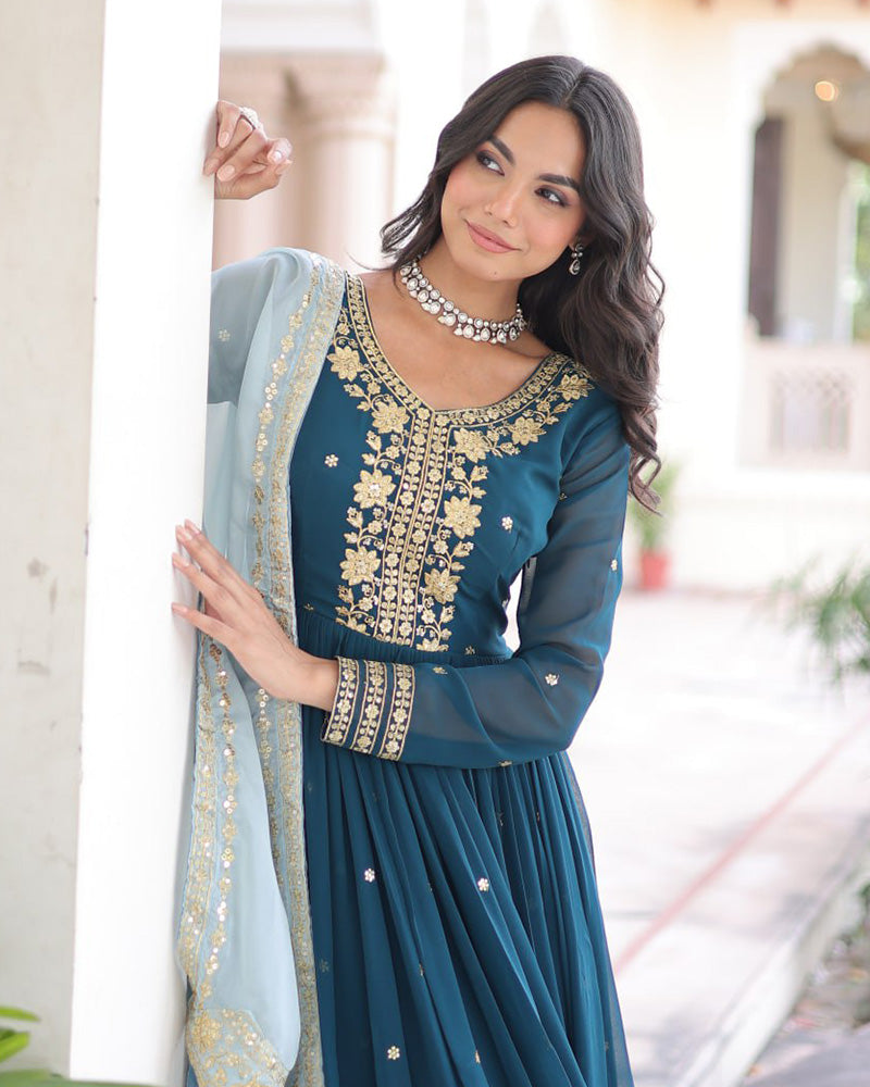 Peacock Blue Color Faux Blooming Embroidered Gown