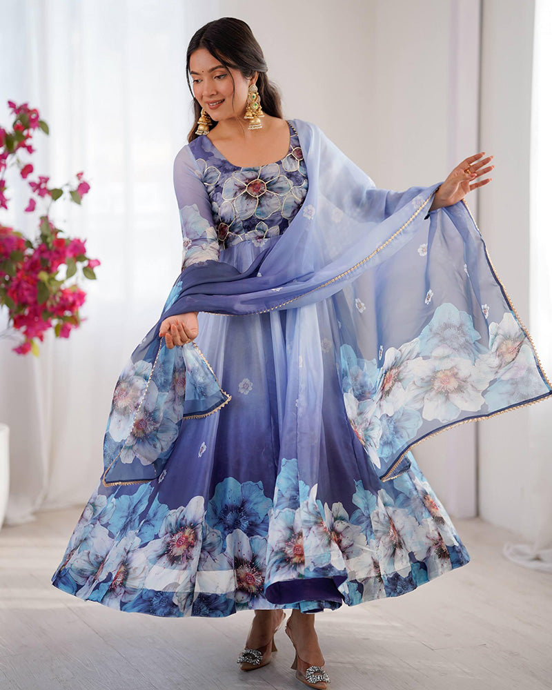 Navy Blue Color Digital Printed Organza Anarkali Suit