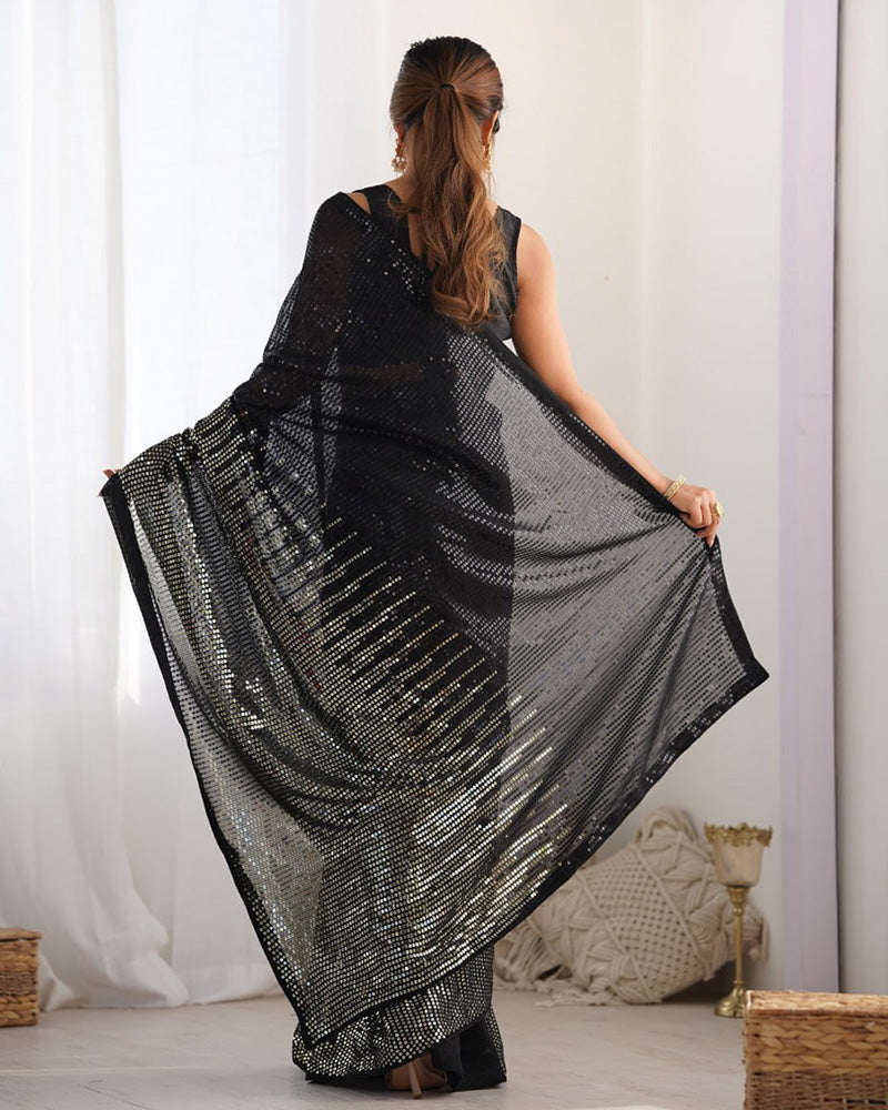 Black Color Heavy Georgette Sequence Embroidered Saree