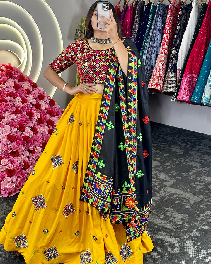 Yellow Color Rayon Mirror Work Navratri Lehenga Choli