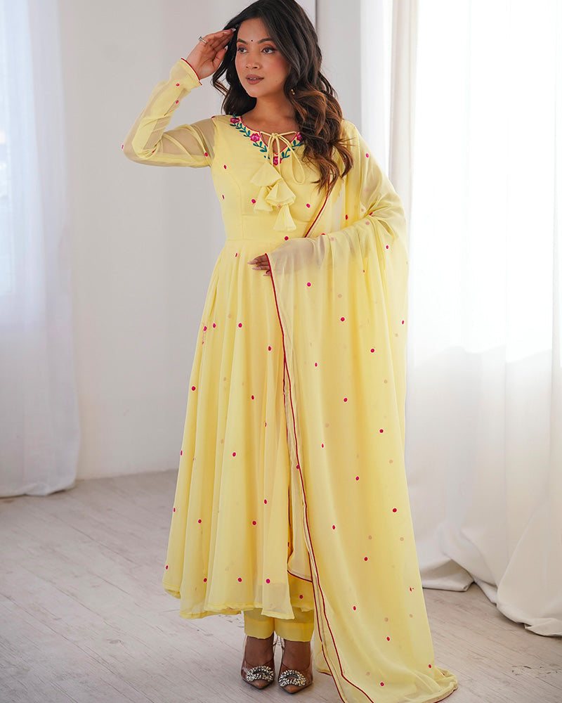Light Yellow Color Georgette Three Piece Anarkali Suit