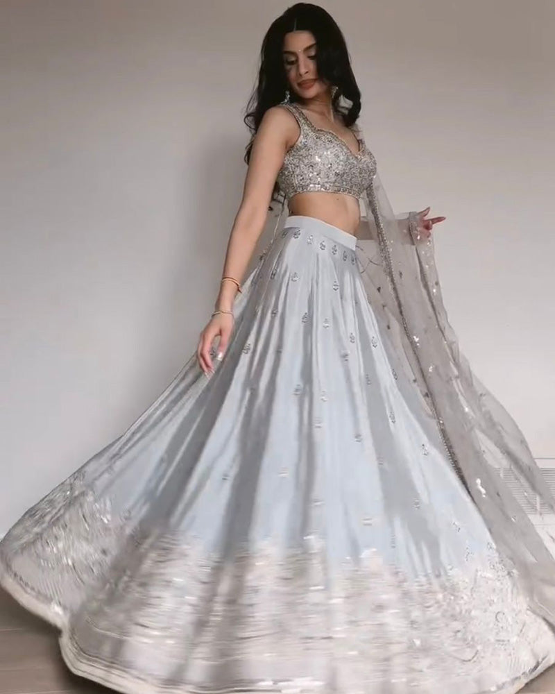 Grey Color Japani Satin Silk Embroidered Lehenga Choli