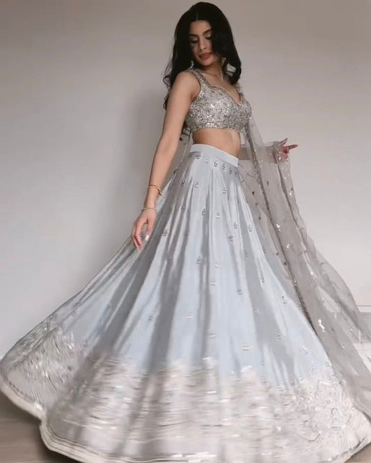 Grey Color Japani Satin Silk Embroidered Lehenga Choli