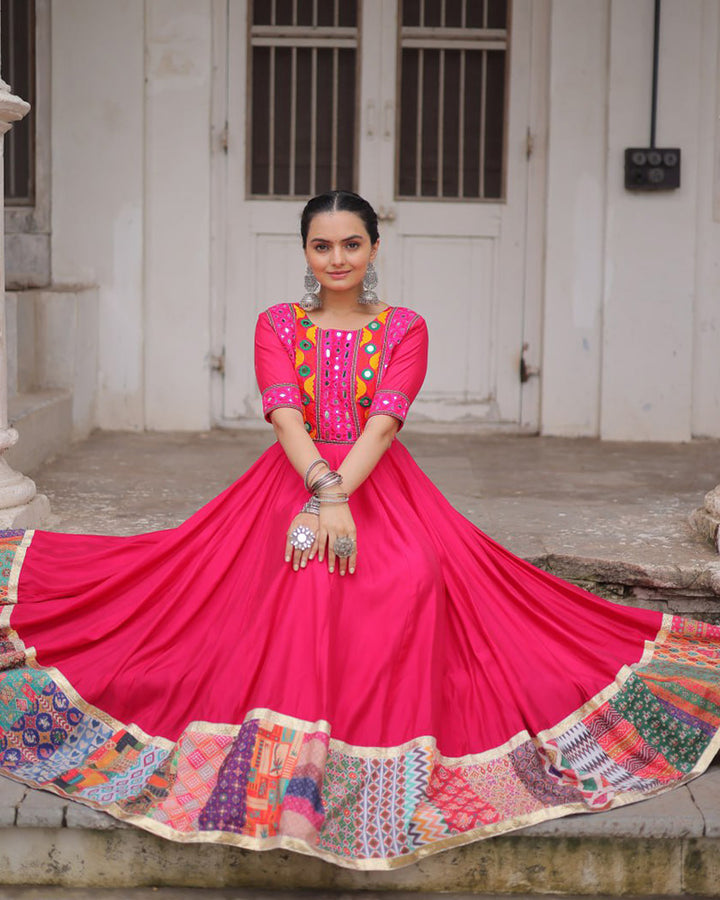Vibrant Pink Color Ethnic Gamthi Work Navratri Gown