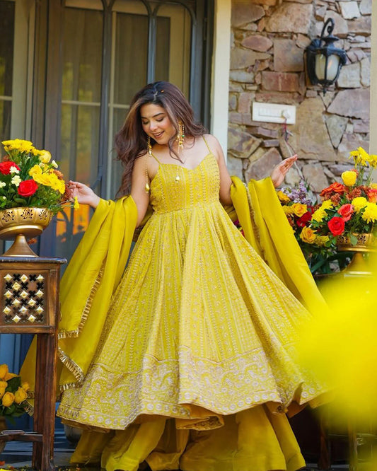 Yellow Color Tebby Organza Embroidered Sharara Suit