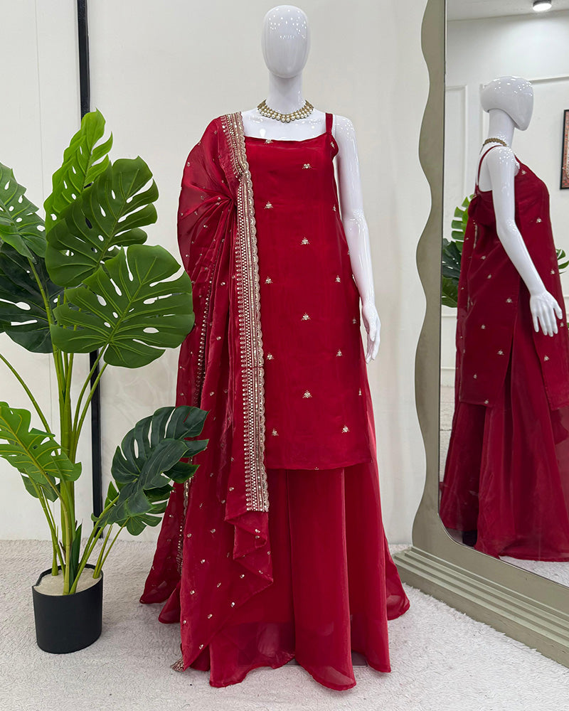 Maroon Color Soft Organza Plazzo Suit