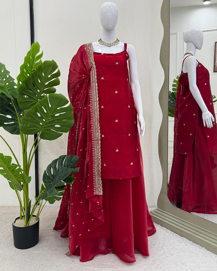 Maroon Color Soft Organza Plazzo Suit