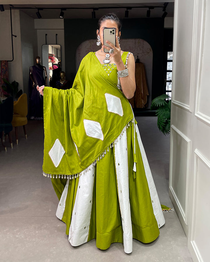 Parrot Color Pure Cotton Lehenga Choli With Original non Breakable Mirror Work